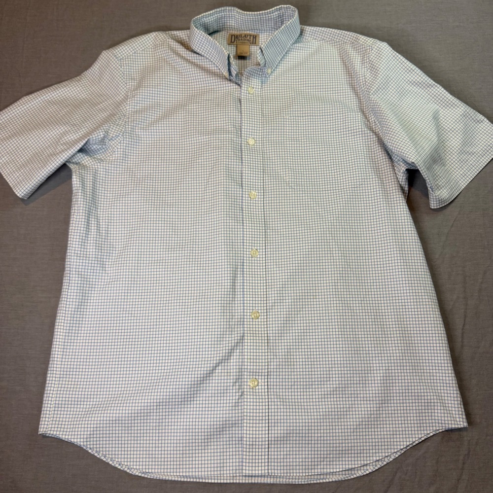 Duluth Trading Co Mens Large Blue White Check Short Sleeve Button Down Shirt